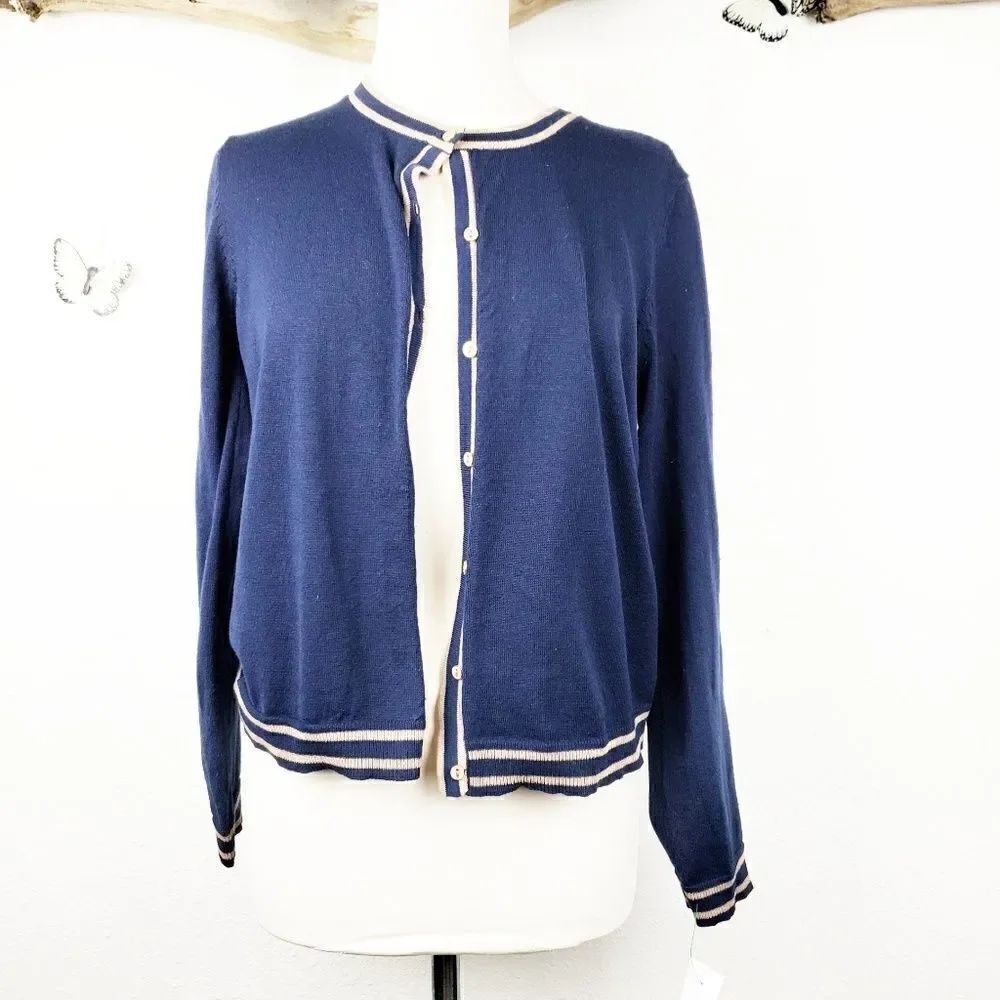 89th & Madison navy cardigan taupe trim